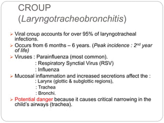CROUP
(Laryngotracheobronchitis)
 Viral croup accounts for over 95% of laryngotracheal
infections.
 Occurs from 6 months – 6 years. (Peak incidence : 2nd year
of life)
 Viruses : Parainfluenza (most common).
: Respiratory Synctial Virus (RSV)
: Influenza
 Mucosal inflammation and increased secretions affect the :
: Larynx (glottic & subglottic regions),
: Trachea
: Bronchi.
 Potential danger because it causes critical narrowing in the
child’s airways (trachea).
 