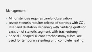 Management
● Minor stenosis requires careful observation
● severe stenosis requires release of stenosis with CO₂
laser and dilatation, widening with cartilage grafts or
excision of stenotic segment, with tracheotomy
● Special T-shaped silicone tracheostomy tubes are
used for temporary stenting until complete healing.
 