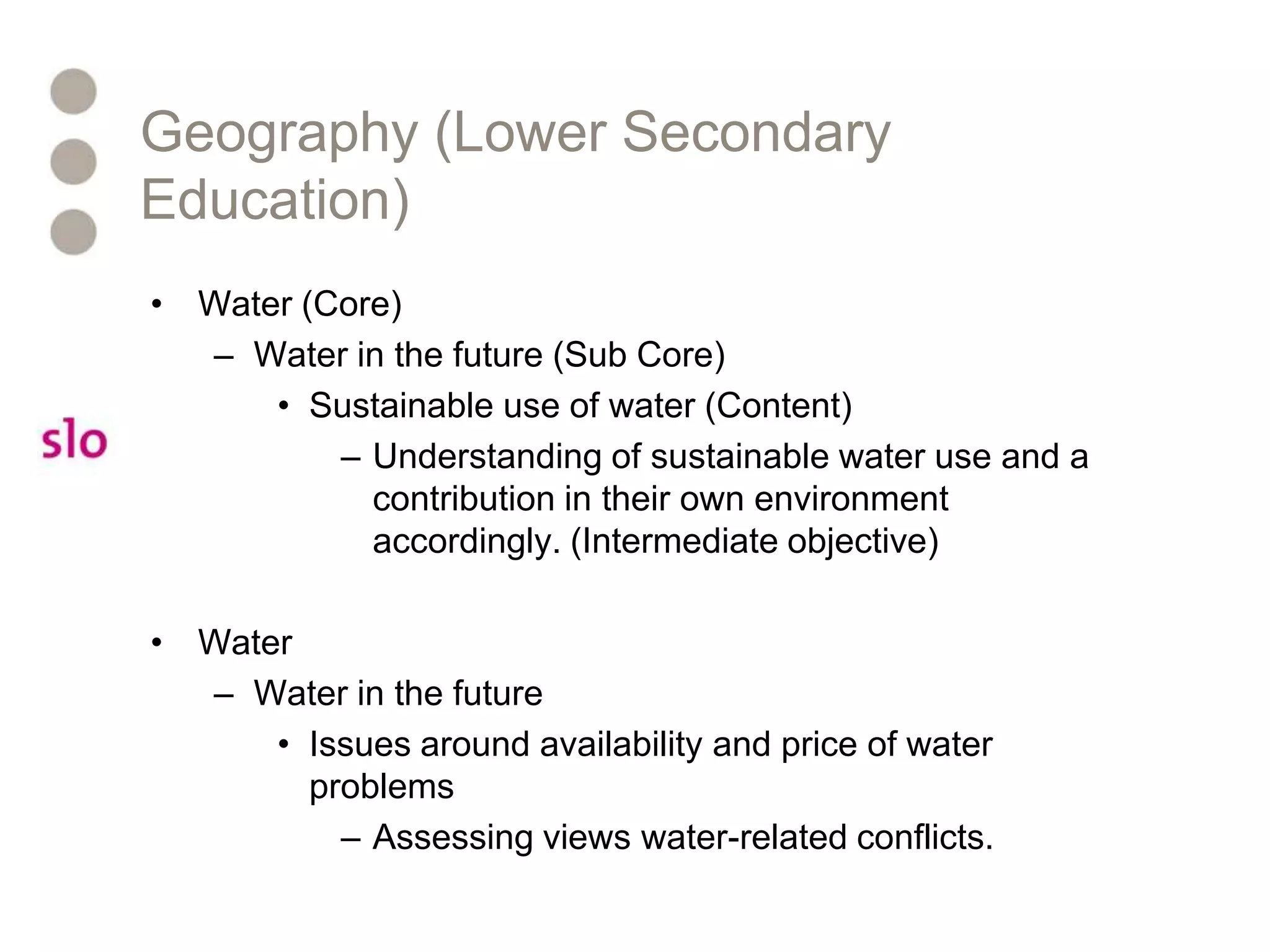 Geography (Lower Secondary Education)Water (Core)Water in the future (Sub Core)	Sustainable use of water (Content)Understanding of sustainable water use and a contribution in their own environment accordingly. (Intermediate objective)WaterWater in the future	Issues around availability and price of water problemsAssessing views water-related conflicts. 