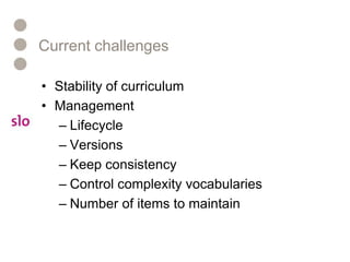 Current challengesStability of curriculumManagement LifecycleVersionsKeep consistencyControl complexity vocabulariesNumber of items to maintain