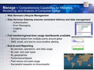 Manage – Comprehensive Capabilities for Reporting,
Monitoring, and Analysis of Consumer Usage
 ›   Web Services Lifecycle Management
 ›   Data Services Gateway ensures consistent delivery and data management
        › Authentication
        › Error Messaging
        › Logging
        › Etc
 › Full monitoring/real-time usage dashboards available
      • Services tested from multiple points around globe
      • SMS, email, and text-to-voice landline alerting
 › End-to-end Reporting
      •   By services, operations, and data usage
      •   By user, and user types
      •   By geographies
      •   Performance/Speed
      •   Paid versus non-paid usage
      •   Successful requests vs Unsuccessful
                                                                             [18
 
