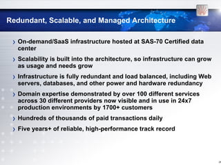 Redundant, Scalable, and Managed Architecture

 › On-demand/SaaS infrastructure hosted at SAS-70 Certified data
   center
 › Scalability is built into the architecture, so infrastructure can grow
   as usage and needs grow
 › Infrastructure is fully redundant and load balanced, including Web
   servers, databases, and other power and hardware redundancy
 › Domain expertise demonstrated by over 100 different services
   across 30 different providers now visible and in use in 24x7
   production environments by 1700+ customers
 › Hundreds of thousands of paid transactions daily
 › Five years+ of reliable, high-performance track record


                                                                            [20
 