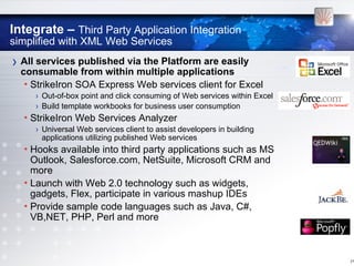 Integrate – Third Party Application Integration
simplified with XML Web Services
› All services published via the Platform...