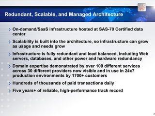 Redundant, Scalable, and Managed Architecture

 › On-demand/SaaS infrastructure hosted at SAS-70 Certified data
   center
...