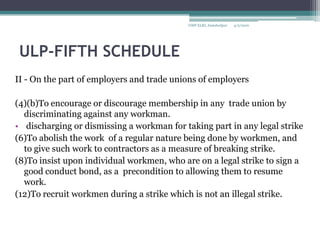 ULP-FIFTH SCHEDULEII - On the part of employers and trade unions of employers(4)(b)To encourage or discourage membership in any  trade union by discriminating against any workman. discharging or dismissing a workman for taking part in any legal strike(6)To abolish the work  of a regular nature being done by workmen, and to give such work to contractors as a measure of breaking strike.(8)To insist upon individual workmen, who are on a legal strike to sign a good conduct bond, as a  precondition to allowing them to resume work.(12)To recruit workmen during a strike which is not an illegal strike.4/2/2010GMP XLRI, Jamshedpur
