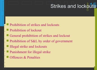 15




                                               Chapter
                                Strikes and lockouts


 Prohibition of strikes and lockouts
 Prohibition of lockout
 General prohibition of strikes and lockout
 Prohibition of S&L by order of government
 Illegal strike and lockouts
 Punishment for illegal strike
 Offences & Penalties
 
