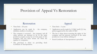 Provision of Appeal Vs Restoration
Restoration
• Time limit – 20 years
• Application can be made by - the company,
member, creditor or workman
• The company is restored -- the company and all
other persons are deemed to be in the same
position as nearly as may be as if the name of the
company had not been struck off from the
register of companies.
• The provision is silent on providing fresh
Certificate of Incorporation.
Appeal
• Time limit – 3 years
• Application can be made by (1) RoC itself; (2) Any
person aggrieved by the order of RoC
• The law is silent about restoring the rights of the
company and the persons involved in the same
position as it was before striking of.
• Fresh Certificate of Incorporation is provided
28
 