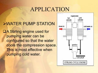 APPLICATION
WATER PUMP STATION
A Stirling engine used for
pumping water can be
configured so that the water
cools the compression space.
This is most effective when
pumping cold water.
 