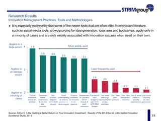 18
Research Results
Innovation Management Practices, Tools and Methodologies
It is especially noteworthy that some of the newer tools that are often cited in innovation literature,
such as social media tools, crowdsourcing for idea generation, idea jams and bootcamps, apply only in
a minority of cases and are only weakly associated with innovation success when used on their own.
Source: Arthur D. Little: Getting a Better Return on Your Innovation Investment . Results of the 8th Arthur D. Little Global Innovation
Excellence Study, 2013.
 