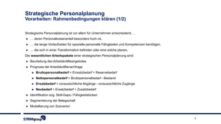 3
Strategische Personalplanung
Vorarbeiten: Rahmenbedingungen klären (1/2)
Strategische Personalplanung ist vor allem für Unternehmen entscheidend …
► … deren Personalkostenanteil besonders hoch ist,
► … die lange Vorlaufzeiten für spezielle personelle Fähigkeiten und Kompetenzen benötigen,
► … die sich in einer Transformation befinden oder eine solche planen.
Die wesentlichen Arbeitspakete einer strategischen Personalplanung sind:
► Beurteilung des Arbeitskräfteangebotes
► Prognose der Arbeitskräftenachfrage
► Bruttopersonalbedarf = Einsatzbedarf + Reservebedarf
► Nettopersonalbedarf = Bruttopersonalbedarf - Bestand
► Ersatzbedarf = voraussichtliche Abgänge - voraussichtliche Zugänge
► Neubedarf = Ersatzbedarf + Zusatzbedarf
► Identifikation sog. Skill-Gaps / Fähigkeitslücken
► Segmentierung der Belegschaft
► Modellierung von Szenarien
 