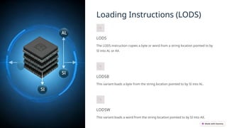 Loading Instructions (LODS)
LODS
The LODS instruction copies a byte or word from a string location pointed to by
SI into AL or AX.
LODSB
This variant loads a byte from the string location pointed to by SI into AL.
LODSW
This variant loads a word from the string location pointed to by SI into AX.
 