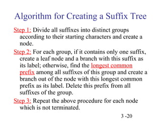 Algorithm for Creating a Suffix Tree 
Step 1: Divide all suffixes into distinct groups 
according to their starting characters and create a 
node. 
Step 2: For each group, if it contains only one suffix, 
create a leaf node and a branch with this suffix as 
its label; otherwise, find the longest common 
prefix among all suffixes of this group and create a 
branch out of the node with this longest common 
prefix as its label. Delete this prefix from all 
suffixes of the group. 
Step 3: Repeat the above procedure for each node 
which is not terminated. 
3 -20 
 
