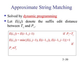 Approximate String Matching 
 Solved by dynamic programming 
 Let E(i,j) denote the suffix edit distance 
between T1,j and P1,i. 
E(i, j) = E(i–1, j–1) if Pi=Tj 
E(i, j) = min{E(i, j–1), E(i–1, j), E(i–1, j–1)}+1 
3 -30 
if 
Pi ¹Tj 
 