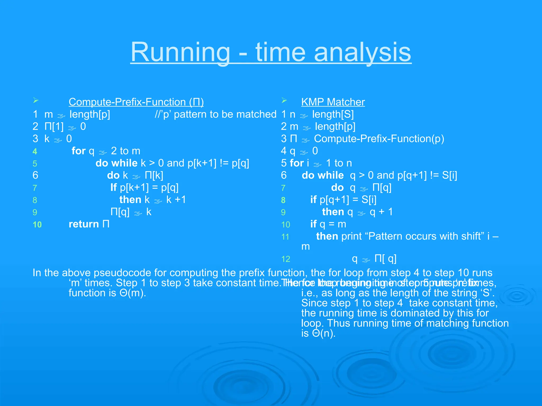 Running - time analysis
 Compute-Prefix-Function (Π)
1 m  length[p] //’p’ pattern to be matched
2 Π[1]  0
3 k  0
4 for q  2 to m
5 do while k > 0 and p[k+1] != p[q]
6 do k  Π[k]
7 If p[k+1] = p[q]
8 then k  k +1
9 Π[q]  k
10 return Π
In the above pseudocode for computing the prefix function, the for loop from step 4 to step 10 runs
‘m’ times. Step 1 to step 3 take constant time. Hence the running time of compute prefix
function is Θ(m).
 KMP Matcher
1 n  length[S]
2 m  length[p]
3 Π  Compute-Prefix-Function(p)
4 q  0
5 for i  1 to n
6 do while q > 0 and p[q+1] != S[i]
7 do q  Π[q]
8 if p[q+1] = S[i]
9 then q  q + 1
10 if q = m
11 then print “Pattern occurs with shift” i –
m
12 q  Π[ q]
The for loop beginning in step 5 runs ‘n’ times,
i.e., as long as the length of the string ‘S’.
Since step 1 to step 4 take constant time,
the running time is dominated by this for
loop. Thus running time of matching function
is Θ(n).
 