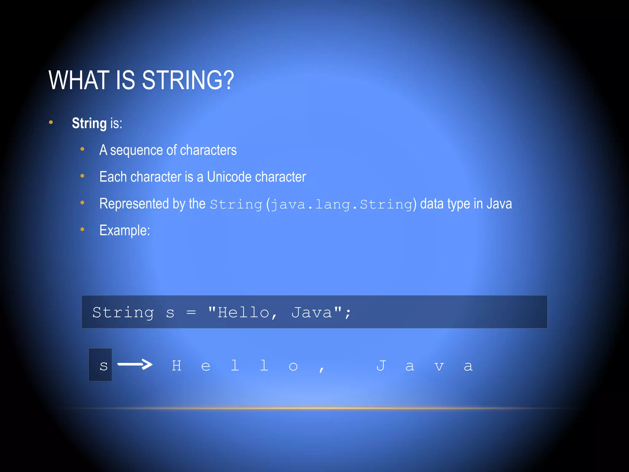 WHAT IS STRING?
•   String is:
     • A sequence of characters
     • Each character is a Unicode character
     • Represented by the String (java.lang.String) data type in Java
     • Example:




       String s = "Hello, Java";


         s          H    e    l    l    o      ,   J   a   v   a
 