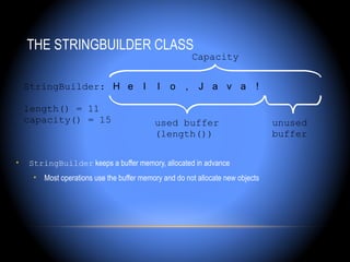 THE STRINGBUILDER CLASS
                                                        Capacity


    StringBuilder: H e                 l    l   o   ,    J a v a           !

    length() = 11
    capacity() = 15                        used buffer                         unused
                                           (length())                          buffer

•   StringBuilder keeps a buffer memory, allocated in advance
     • Most operations use the buffer memory and do not allocate new objects
 