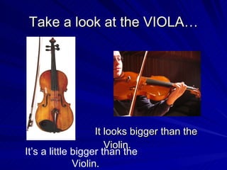 Take a look at the VIOLA… It looks bigger than the Violin. It’s a little bigger than the Violin.