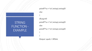 STRING
FUNCTION-
EXAMPLE
printf("%s > %s",string1,string2);
else
{
if(cmp<0)
printf("%s < %s",string1,string2);
else
printf("%s = %s",string1,string2);
}
}
Output: spark = SPArk
 