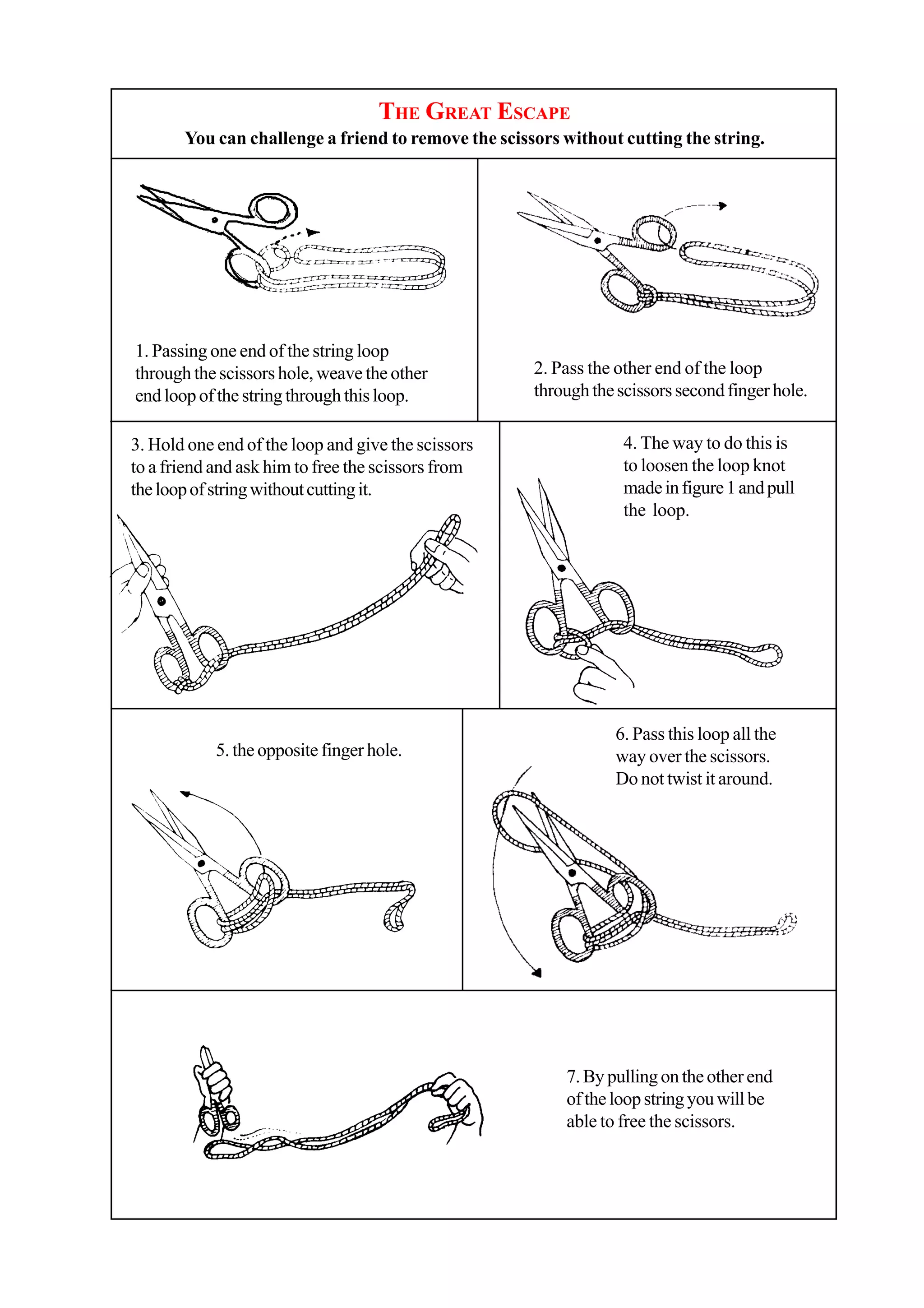 THE GREAT ESCAPE
You can challenge a friend to remove the scissors without cutting the string.
1. Passing one end of the string loop
through the scissors hole, weave the other
endloopofthestringthroughthisloop.
2. Pass the other end of the loop
throughthescissorssecondfingerhole.
3. Hold one end of the loop and give the scissors
to a friend and ask him to free the scissors from
theloopofstringwithoutcuttingit.
4. The way to do this is
to loosen the loop knot
madeinfigure1andpull
the loop.
5. the opposite finger hole.
6. Pass this loop all the
way over the scissors.
Do not twist it around.
7. By pulling on the other end
oftheloopstringyouwillbe
able to free the scissors.
 