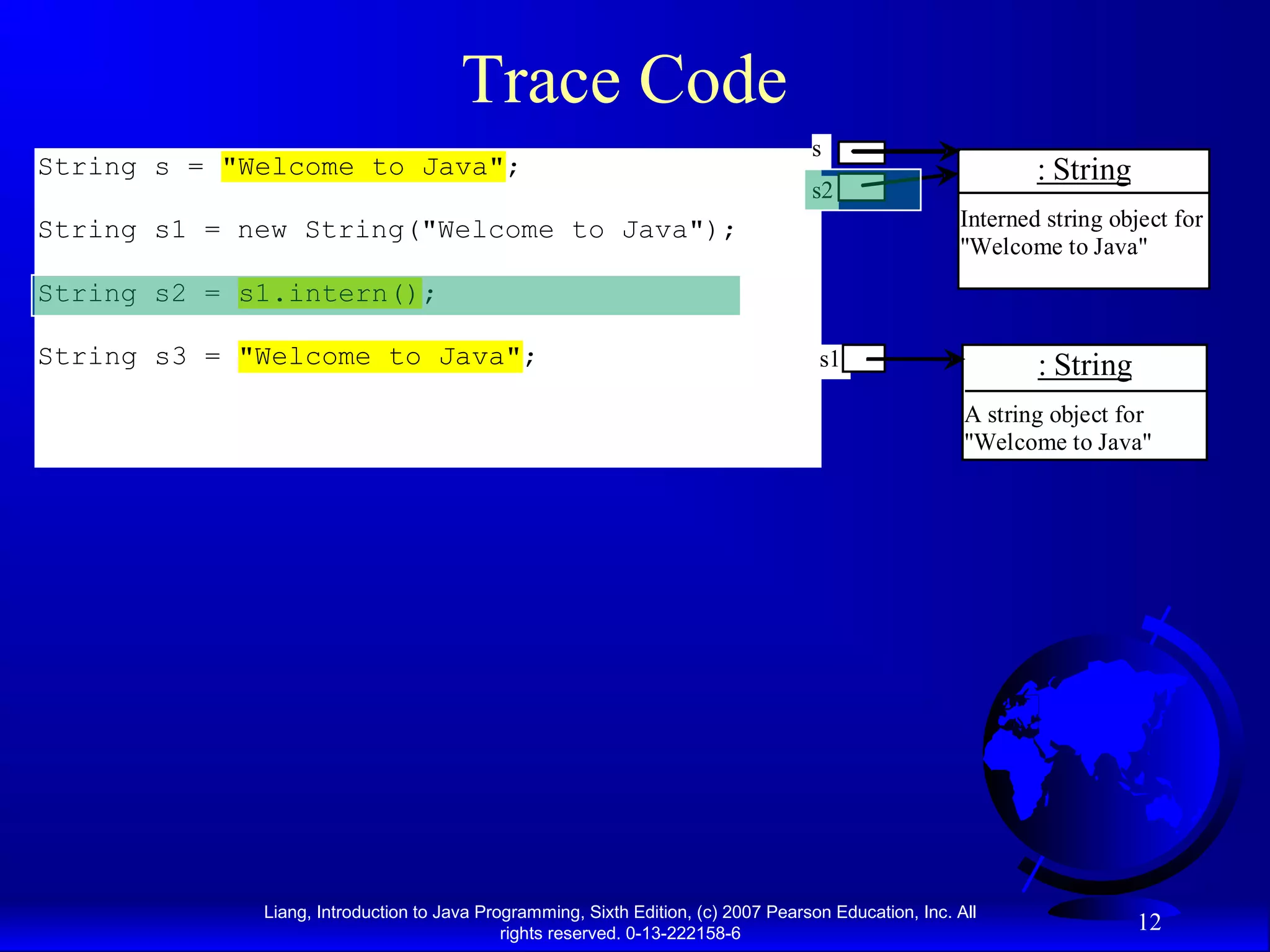 Trace Code
                                                                                   s
String s = "Welcome to Java";                                                                                 : String
                                                                                   s2
String s1 = new String("Welcome to Java");                                                            Interned string object for
                                                                                                      "Welcome to Java"
String s2 = s1.intern();

String s3 = "Welcome to Java";                                                      s1                        : String
                                                                                                       A string object for
                                                                                                       "Welcome to Java"




             Liang, Introduction to Java Programming, Sixth Edition, (c) 2007 Pearson Education, Inc. All
                                            rights reserved. 0-13-222158-6
                                                                                                                         12
 