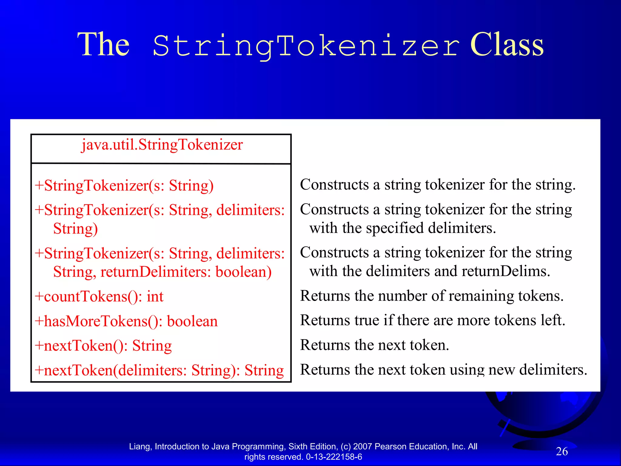The StringTokenizer Class

       java.util.StringTokenizer

+StringTokenizer(s: String)                                Constructs a string tokenizer for the string.
+StringTokenizer(s: String, delimiters: Constructs a string tokenizer for the string
  String)                                with the specified delimiters.
+StringTokenizer(s: String, delimiters: Constructs a string tokenizer for the string
  String, returnDelimiters: boolean)     with the delimiters and returnDelims.
+countTokens(): int                     Returns the number of remaining tokens.
+hasMoreTokens(): boolean                                  Returns true if there are more tokens left.
+nextToken(): String                                       Returns the next token.
+nextToken(delimiters: String): String Returns the next token using new delimiters.



              Liang, Introduction to Java Programming, Sixth Edition, (c) 2007 Pearson Education, Inc. All
                                             rights reserved. 0-13-222158-6
                                                                                                             26
 
