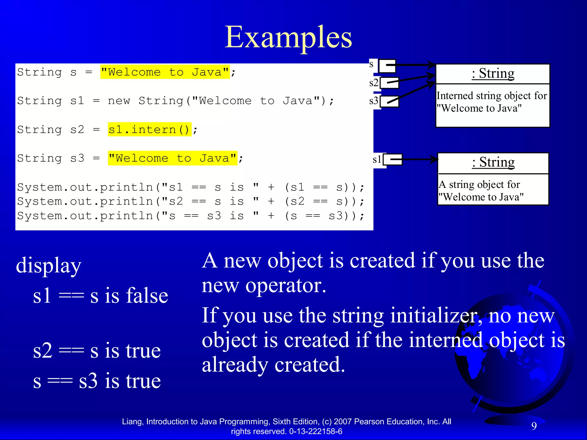 Examples
                                                                                  s
String s = "Welcome to Java";                                                                               : String
                                                                                  s2
String s1 = new String("Welcome to Java");                                        s3                Interned string object for
                                                                                                    "Welcome to Java"
String s2 = s1.intern();

String s3 = "Welcome to Java";                                                    s1                        : String
System.out.println("s1 == s is " + (s1 == s));                                                       A string object for
System.out.println("s2 == s is " + (s2 == s));                                                       "Welcome to Java"
System.out.println("s == s3 is " + (s == s3));



display                            A new object is created if you use the
  s1 == s is false                 new operator.
                                   If you use the string initializer, no new
  s2 == s is true                  object is created if the interned object is
                                   already created.
  s == s3 is true
             Liang, Introduction to Java Programming, Sixth Edition, (c) 2007 Pearson Education, Inc. All
                                            rights reserved. 0-13-222158-6
                                                                                                                           9
 