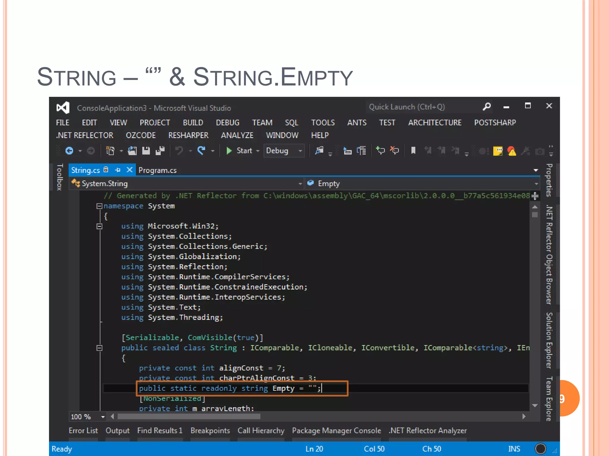 STRING OPERATIONS
var name = "LevelUp";
var url = "http://larrynung.github.io/";
var str1 = name + " (" + url + ")";
var str2 = string.Concat(name, " (", url, ")");
var str3 = string.Format("{0} ({1})", name, url);
var str4 = @"Blog: LevelUp Url: http://larrynung.github.io/";
var str5 = "c:BlogLevelUp";
var str6 = @"c:BlogLevelUp";
var msg = string.Empty;
msg += String.Format("str1 == str2 => {0}", str1 == str2);
msg += Environment.NewLine;
msg += String.Format("str1.Equals(str3) => {0}", str1.Equals(str3));
msg += Environment.NewLine;
msg += str4;
msg += Environment.NewLine;
msg += str5;
msg += Environment.NewLine;
msg += str6;
msg += Environment.NewLine; Console.WriteLine(msg);
9
 