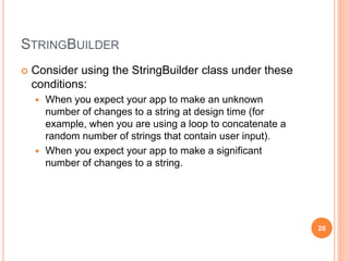 STRING PROPERTY
internal class Program
{
private String _name;
public String Name
{
get { return _name ?? String.Empty; }
set { _name = value; }
}
}
28
 