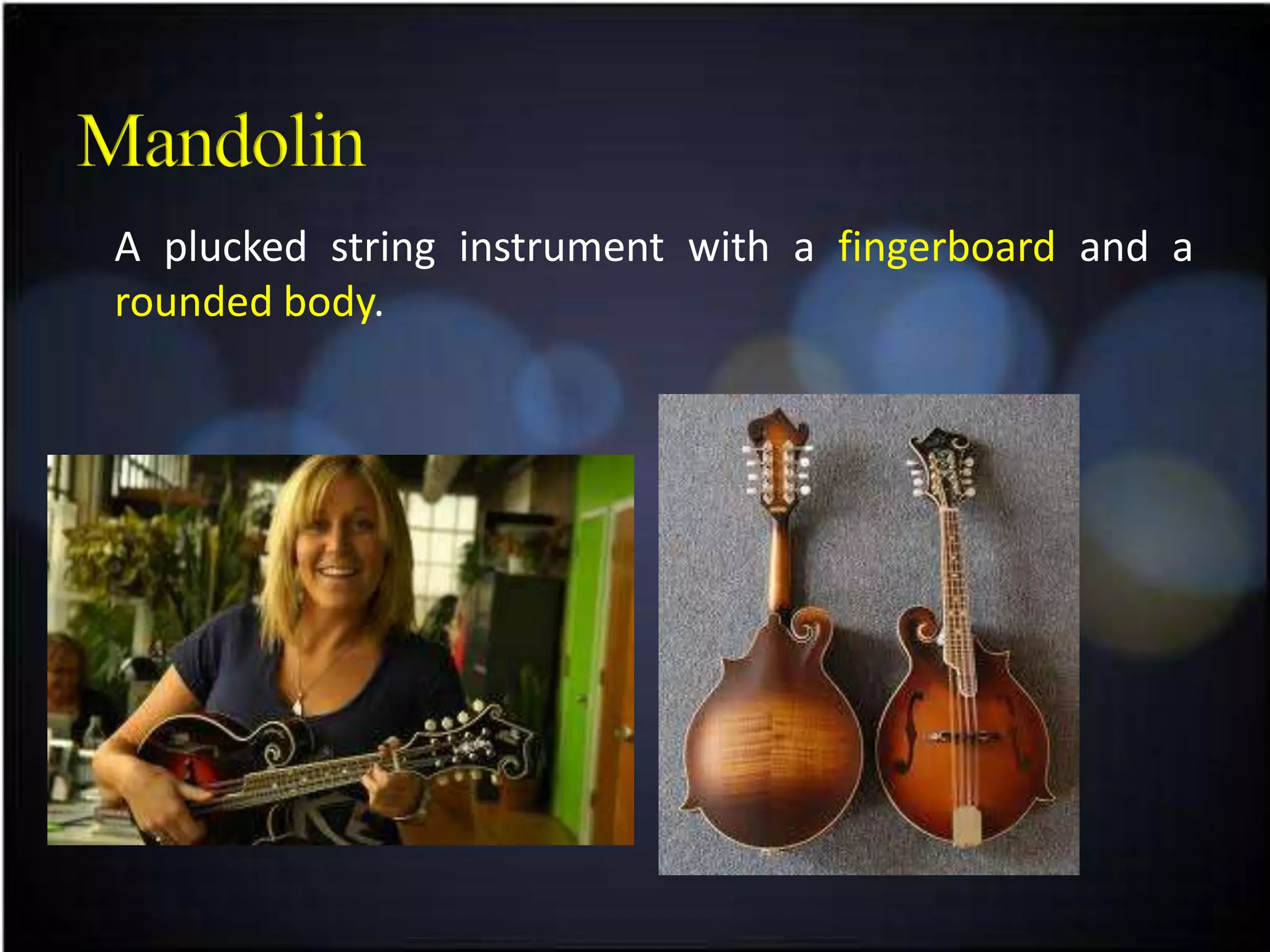 A plucked string instrument with a fingerboard and a
rounded body.
 