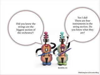 Did you know the
strings are the
biggest section of
the orchestra?!

Yes I did!
There are four
instruments in the
string section. Do
you know what they
are?

©MsKeleghan’sEducationBlog

 