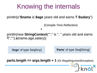 Knowing the internals
println(s"$name is $age years old and earns ₹ $salary")
println(new StringContext(""," is ", " years old and earns
","").₹ s(name,age,salary))
parts.length == args.length + 1 (Or IllegalArgumentException)
(Compile Time Reflection)
‘Parts’ of type Seq[String]‘Args’ of type Seq[Any]
 