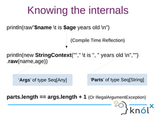 Knowing the internals
println(raw"$name t is $age years old n”)
println(new StringContext(""," t is ", " years old n","")
.raw(name,age))
parts.length == args.length + 1 (Or IllegalArgumentException)
(Compile Time Reflection)
‘Parts’ of type Seq[String]‘Args’ of type Seq[Any]
 