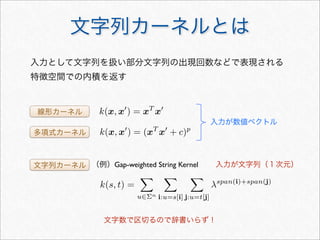 文字列カーネルとは
入力として文字列を扱い部分文字列の出現回数などで表現される
特徴空間での内積を返す
k(x, x
) = xT
x
k(x, x
) = (xT
x
+ c)p
線形カーネル
多項式カーネル
文字列カーネル
入力が数値ベクトル
入力が文字列（１次元）（例）Gap-weighted String Kernel
文字数で区切るので辞書いらず！
k(s, t) =

u∈Σn

i:u=s[i]

j:u=t[j]
λspan(i)+span(j)
 