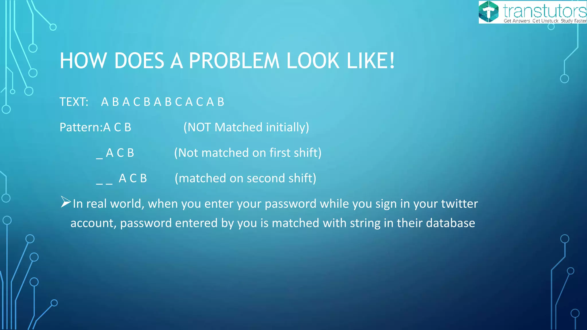 HOW DOES A PROBLEM LOOK LIKE!
TEXT: A B A C B A B C A C A B
Pattern:A C B (NOT Matched initially)
_ A C B (Not matched on first shift)
_ _ A C B (matched on second shift)
In real world, when you enter your password while you sign in your twitter
account, password entered by you is matched with string in their database