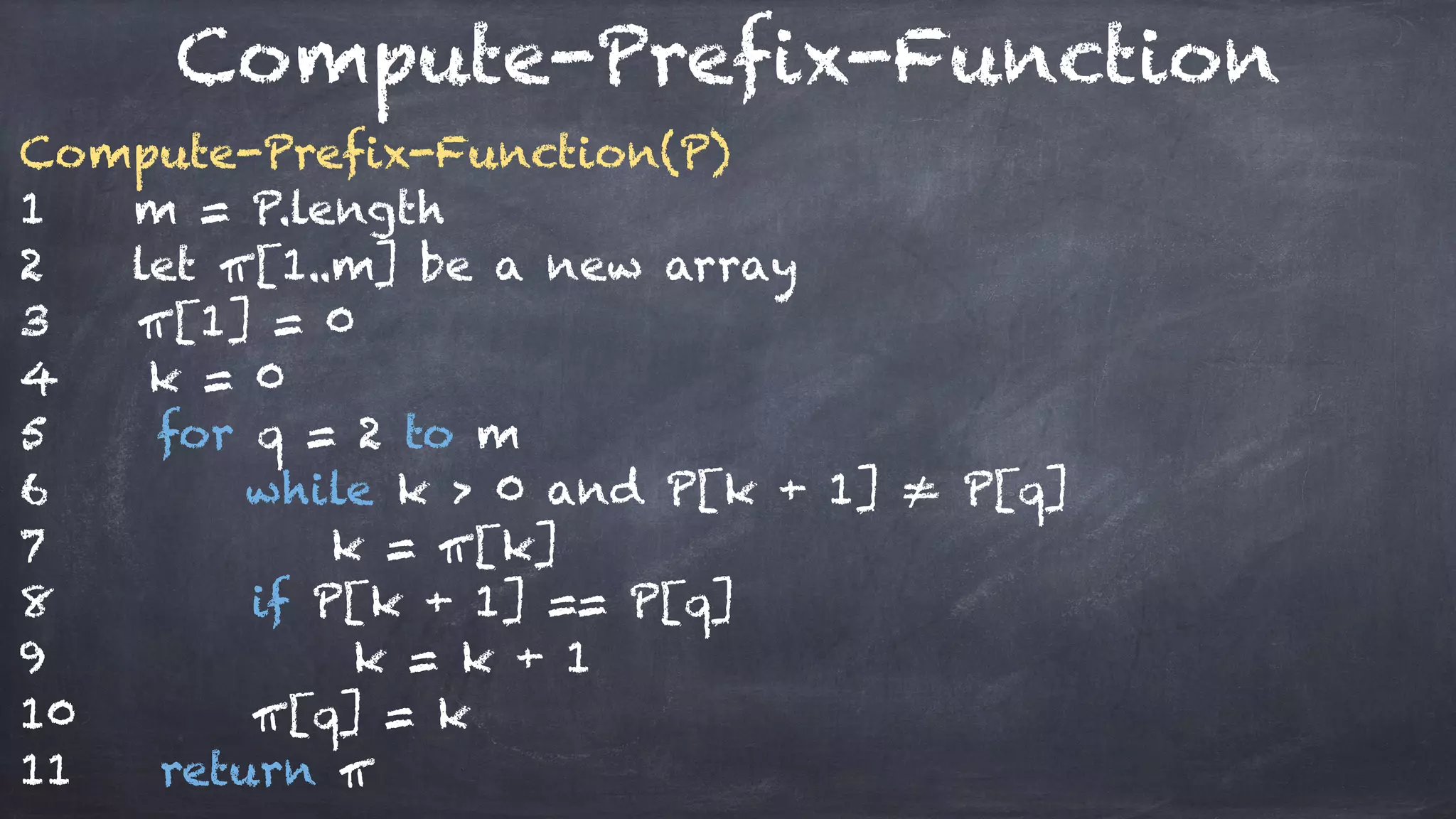 Compute-Prefix-Function
Compute-Prefix-Function(P)
1 m = P.length
2 let π[1..m] be a new array
3 π[1] = 0
4 k = 0
5 for q = 2 to m
6 while k > 0 and P[k + 1] ≠ P[q]
7 k = π[k]
8 if P[k + 1] == P[q]
9 k = k + 1
10 π[q] = k
11 return π
 