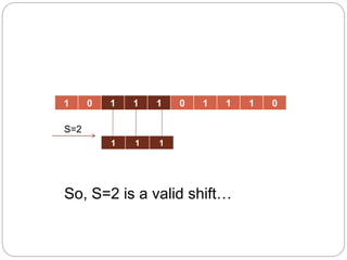 1 0 1 1 1 0 1 1 1 0
1 1 1
S=2
So, S=2 is a valid shift…
 