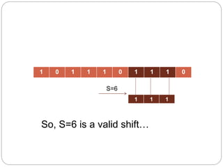 1 0 1 1 1 0 1 1 1 0
1 1 1
S=6
So, S=6 is a valid shift…
 