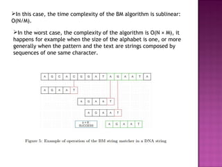 In this case, the time complexity of the BM algorithm is sublinear:
O(N/M).
In the worst case, the complexity of the algorithm is O(N × M), it
happens for example when the size of the alphabet is one, or more
generally when the pattern and the text are strings composed by
sequences of one same character.
 