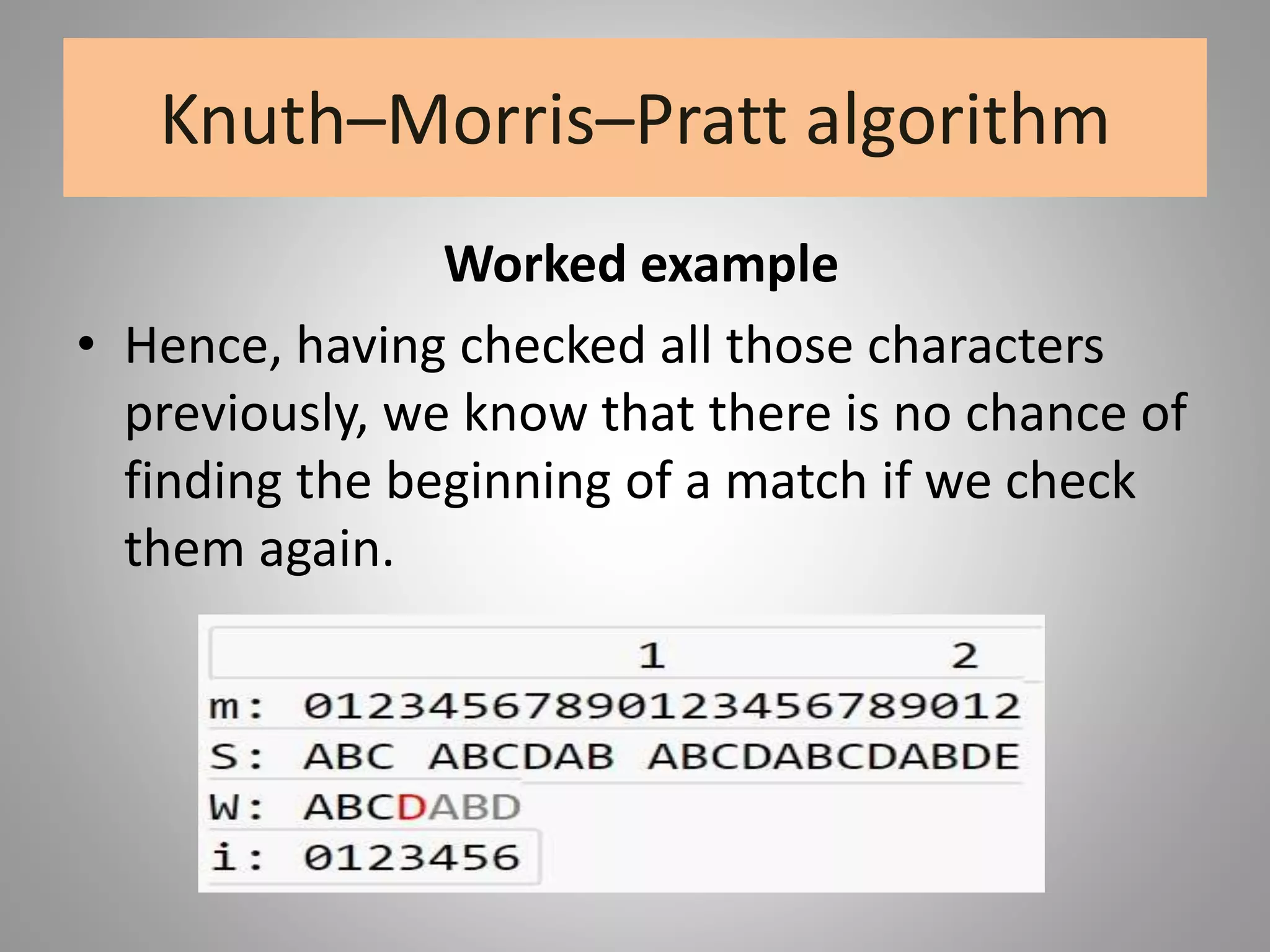 Knuth–Morris–Pratt algorithm
Worked example
• Hence, having checked all those characters
previously, we know that there is no chance of
finding the beginning of a match if we check
them again.
 