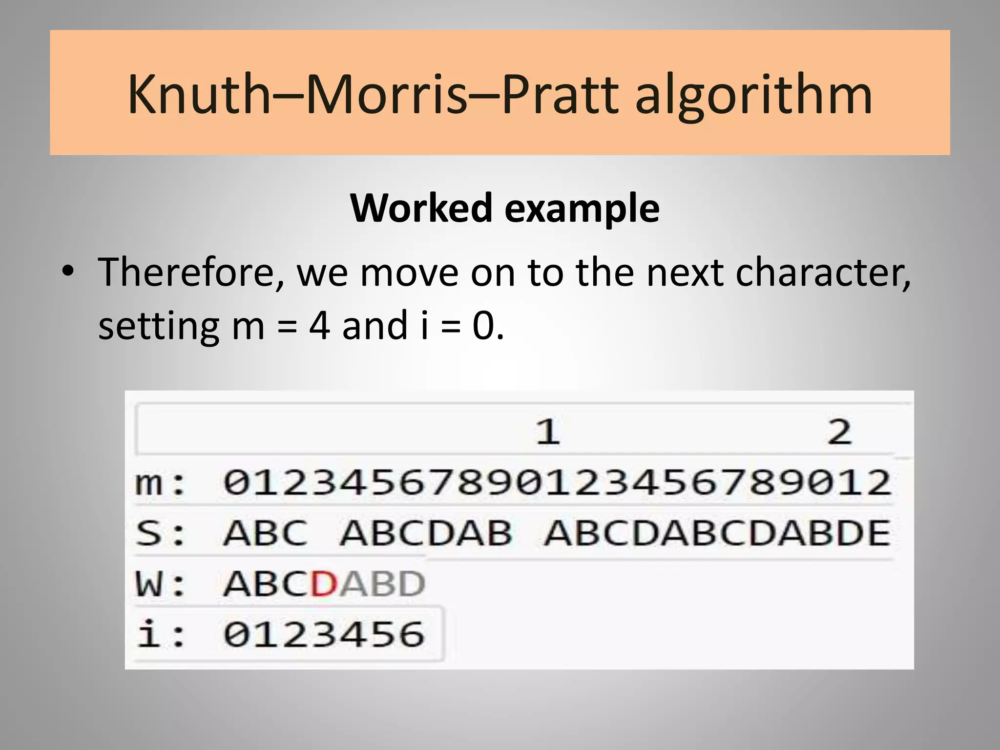 Knuth–Morris–Pratt algorithm
Worked example
• Therefore, we move on to the next character,
setting m = 4 and i = 0.
 