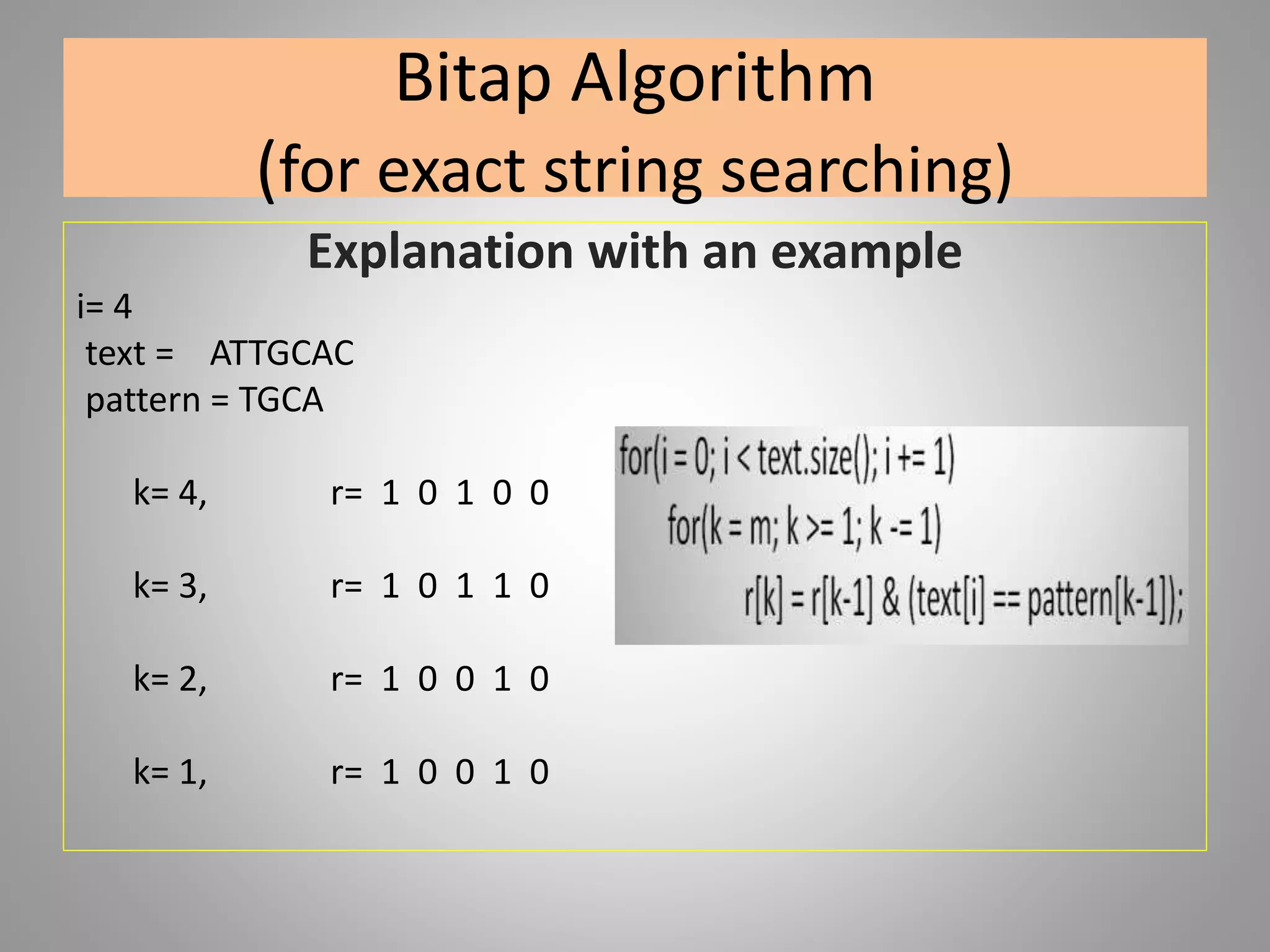 Bitap Algorithm
(for exact string searching)
Explanation with an example
i= 4
text = ATTGCAC
pattern = TGCA
k= 4, r= 1 0 1 0 0
k= 3, r= 1 0 1 1 0
k= 2, r= 1 0 0 1 0
k= 1, r= 1 0 0 1 0
 