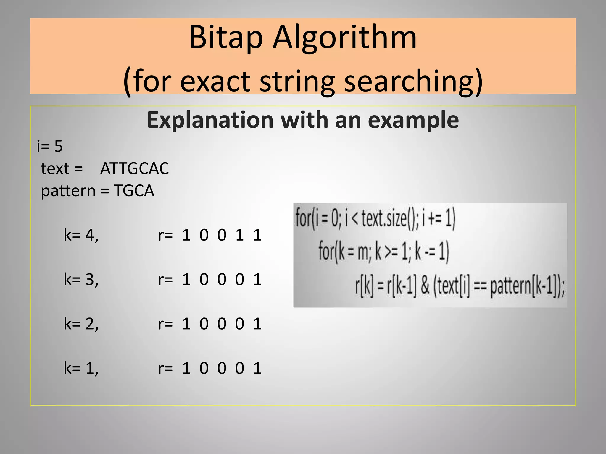 Bitap Algorithm
(for exact string searching)
Explanation with an example
i= 5
text = ATTGCAC
pattern = TGCA
k= 4, r= 1 0 0 1 1
k= 3, r= 1 0 0 0 1
k= 2, r= 1 0 0 0 1
k= 1, r= 1 0 0 0 1
 