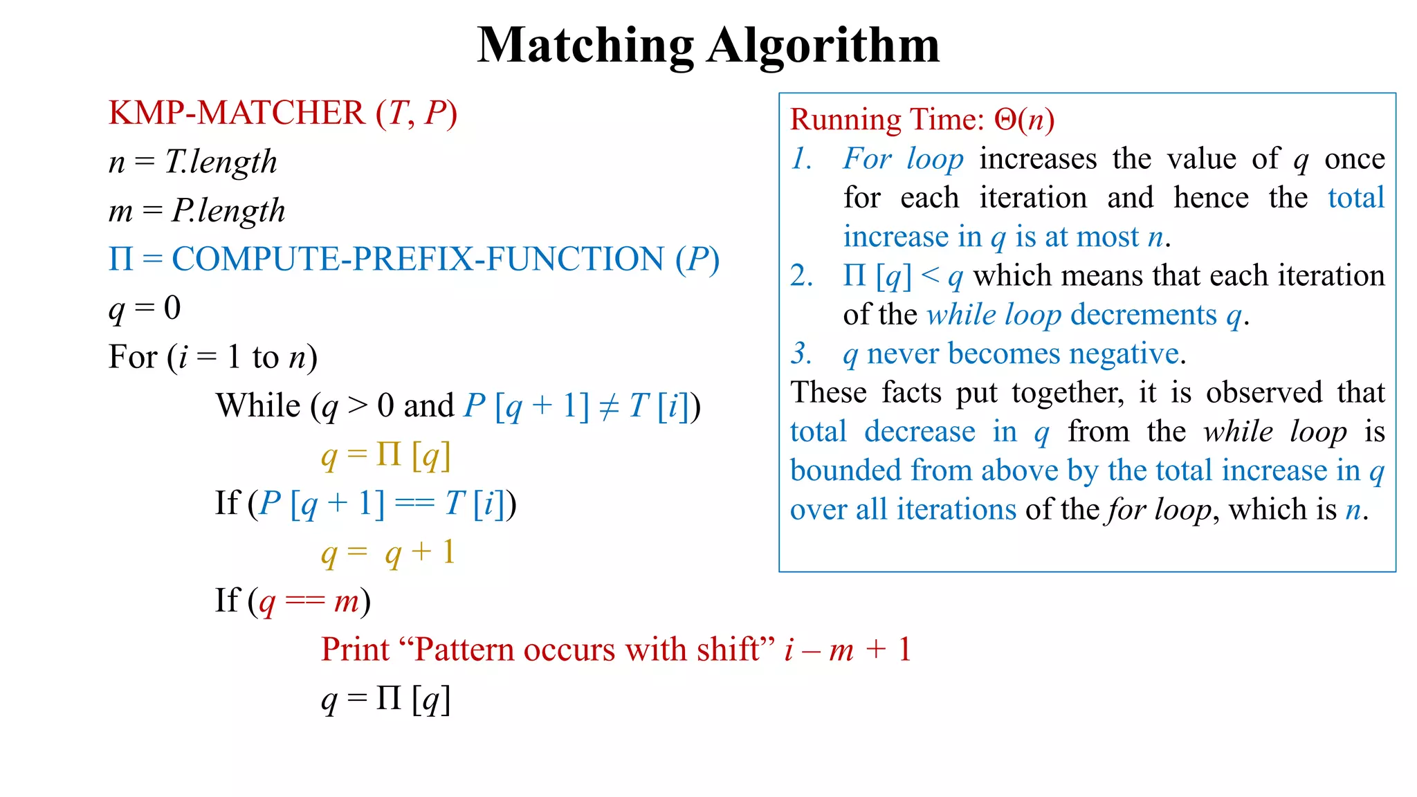 Matching Algorithm
KMP-MATCHER (T, P)
n = T.length
m = P.length
Π = COMPUTE-PREFIX-FUNCTION (P)
q = 0
For (i = 1 to n)
While (q > 0 and P [q + 1] ≠ T [i])
q = Π [q]
If (P [q + 1] == T [i])
q = q + 1
If (q == m)
Print “Pattern occurs with shift” i – m + 1
q = Π [q]
Running Time: Θ(n)
1. For loop increases the value of q once
for each iteration and hence the total
increase in q is at most n.
2. Π [q] < q which means that each iteration
of the while loop decrements q.
3. q never becomes negative.
These facts put together, it is observed that
total decrease in q from the while loop is
bounded from above by the total increase in q
over all iterations of the for loop, which is n.
 