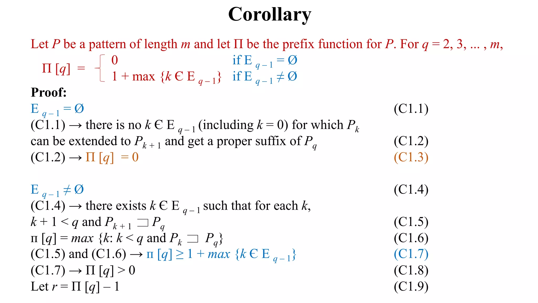 Corollary
Let P be a pattern of length m and let Π be the prefix function for P. For q = 2, 3, ... , m,
0 if E q – 1 = Ø
1 + max {k Є E q – 1} if E q – 1 ≠ Ø
Proof:
E q – 1 = Ø (C1.1)
(C1.1) → there is no k Є E q – 1 (including k = 0) for which Pk
can be extended to Pk + 1 and get a proper suffix of Pq (C1.2)
(C1.2) → Π [q] = 0 (C1.3)
E q – 1 ≠ Ø (C1.4)
(C1.4) → there exists k Є E q – 1 such that for each k,
k + 1 < q and Pk + 1 Pq (C1.5)
ᴨ [q] = max {k: k < q and Pk Pq} (C1.6)
(C1.5) and (C1.6) → ᴨ [q] ≥ 1 + max {k Є E q – 1} (C1.7)
(C1.7) → Π [q] > 0 (C1.8)
Let r = Π [q] – 1 (C1.9)
Π [q] =
 