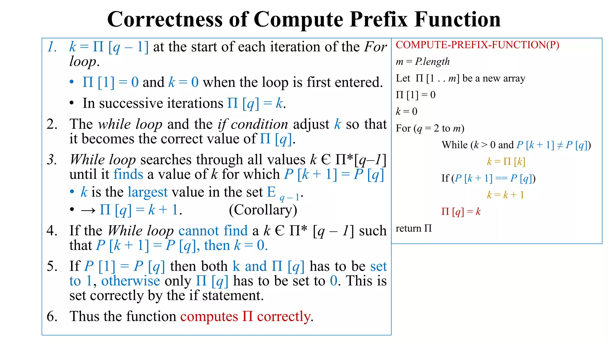 Correctness of Compute Prefix Function
COMPUTE-PREFIX-FUNCTION(P)
m = P.length
Let Π [1 . . m] be a new array
Π [1] = 0
k = 0
For (q = 2 to m)
While (k > 0 and P [k + 1] ≠ P [q])
k = Π [k]
If (P [k + 1] == P [q])
k = k + 1
Π [q] = k
return Π
1. k = Π [q – 1] at the start of each iteration of the For
loop.
• Π [1] = 0 and k = 0 when the loop is first entered.
• In successive iterations Π [q] = k.
2. The while loop and the if condition adjust k so that
it becomes the correct value of Π [q].
3. While loop searches through all values k Є Π*[q–1]
until it finds a value of k for which P [k + 1] = P [q]
• k is the largest value in the set E q – 1.
• → Π [q] = k + 1. (Corollary)
4. If the While loop cannot find a k Є Π* [q – 1] such
that P [k + 1] = P [q], then k = 0.
5. If P [1] = P [q] then both k and Π [q] has to be set
to 1, otherwise only Π [q] has to be set to 0. This is
set correctly by the if statement.
6. Thus the function computes Π correctly.
 