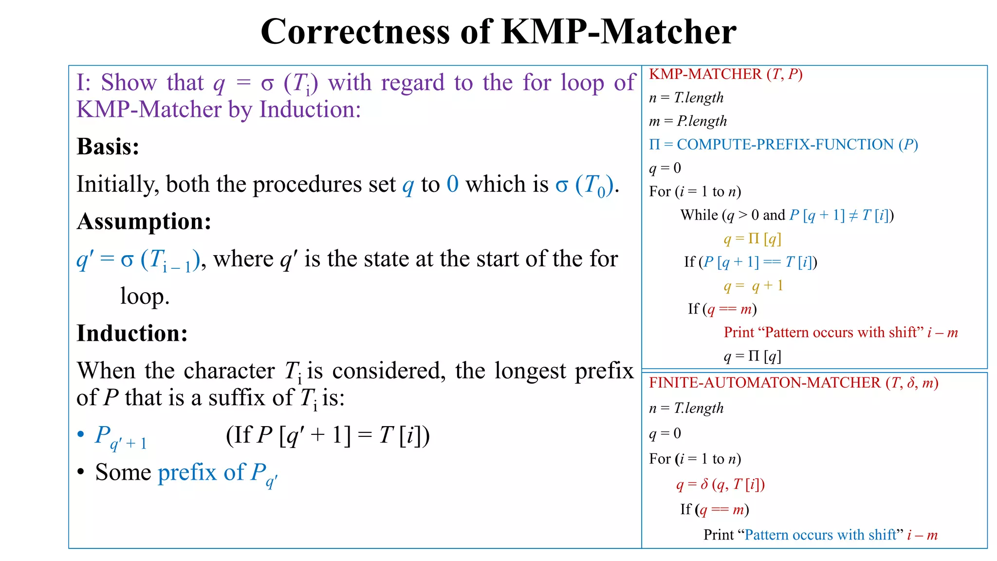 Correctness of KMP-Matcher
KMP-MATCHER (T, P)
n = T.length
m = P.length
Π = COMPUTE-PREFIX-FUNCTION (P)
q = 0
For (i = 1 to n)
While (q > 0 and P [q + 1] ≠ T [i])
q = Π [q]
If (P [q + 1] == T [i])
q = q + 1
If (q == m)
Print “Pattern occurs with shift” i – m
q = Π [q]
I: Show that q = σ (Ti) with regard to the for loop of
KMP-Matcher by Induction:
Basis:
Initially, both the procedures set q to 0 which is σ (T0).
Assumption:
qʹ = σ (Ti – 1), where qʹ is the state at the start of the for
loop.
Induction:
When the character Ti is considered, the longest prefix
of P that is a suffix of Ti is:
• Pqʹ + 1 (If P [qʹ + 1] = T [i])
• Some prefix of Pqʹ
FINITE-AUTOMATON-MATCHER (T, δ, m)
n = T.length
q = 0
For (i = 1 to n)
q = δ (q, T [i])
If (q == m)
Print “Pattern occurs with shift” i – m
 