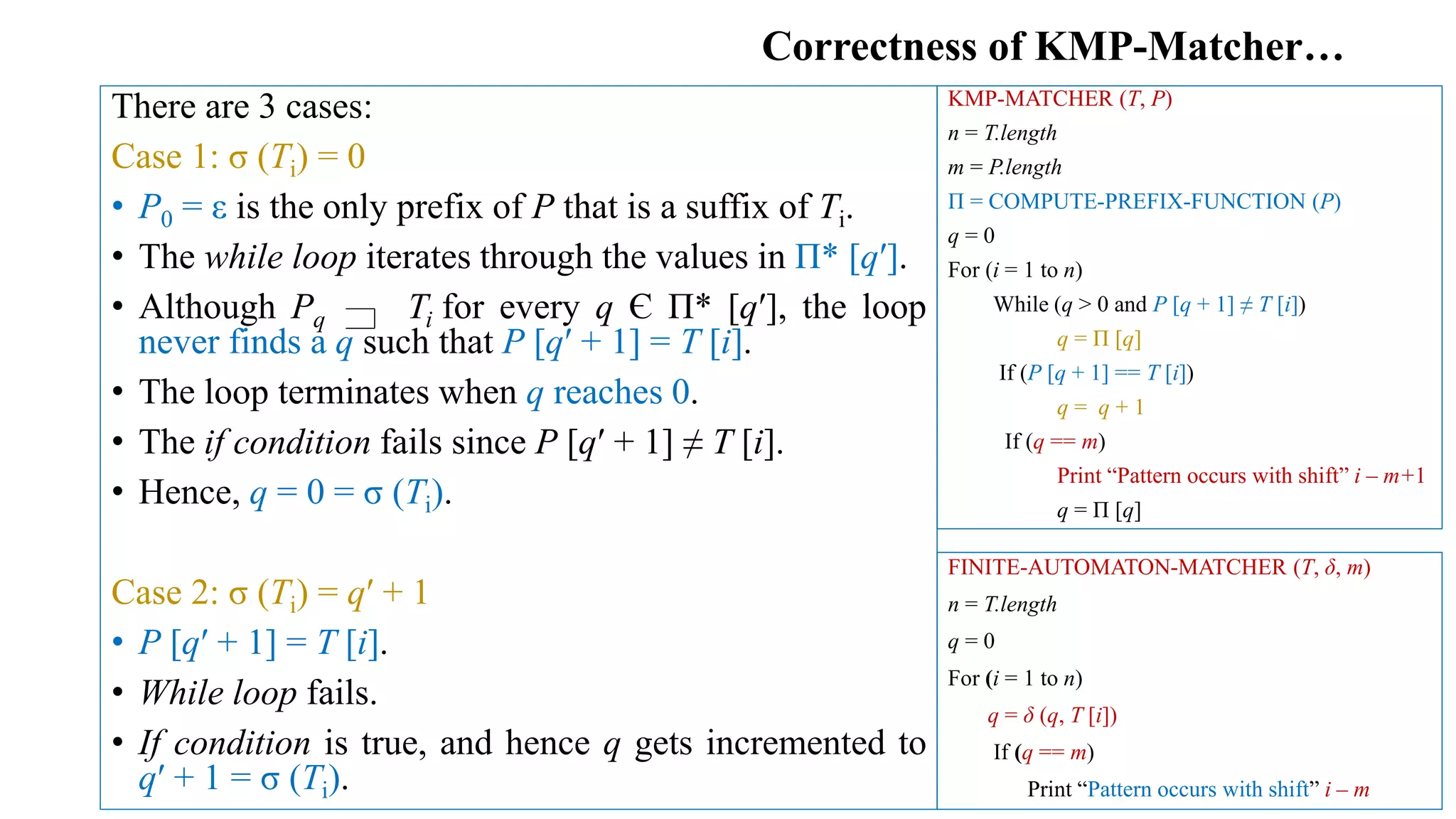 Correctness of KMP-Matcher…
KMP-MATCHER (T, P)
n = T.length
m = P.length
Π = COMPUTE-PREFIX-FUNCTION (P)
q = 0
For (i = 1 to n)
While (q > 0 and P [q + 1] ≠ T [i])
q = Π [q]
If (P [q + 1] == T [i])
q = q + 1
If (q == m)
Print “Pattern occurs with shift” i – m+1
q = Π [q]
There are 3 cases:
Case 1: σ (Ti) = 0
• P0 = ε is the only prefix of P that is a suffix of Ti.
• The while loop iterates through the values in Π* [qʹ].
• Although Pq Ti for every q Є Π* [qʹ], the loop
never finds a q such that P [qʹ + 1] = T [i].
• The loop terminates when q reaches 0.
• The if condition fails since P [qʹ + 1] ≠ T [i].
• Hence, q = 0 = σ (Ti).
Case 2: σ (Ti) = qʹ + 1
• P [qʹ + 1] = T [i].
• While loop fails.
• If condition is true, and hence q gets incremented to
qʹ + 1 = σ (Ti).
FINITE-AUTOMATON-MATCHER (T, δ, m)
n = T.length
q = 0
For (i = 1 to n)
q = δ (q, T [i])
If (q == m)
Print “Pattern occurs with shift” i – m
 