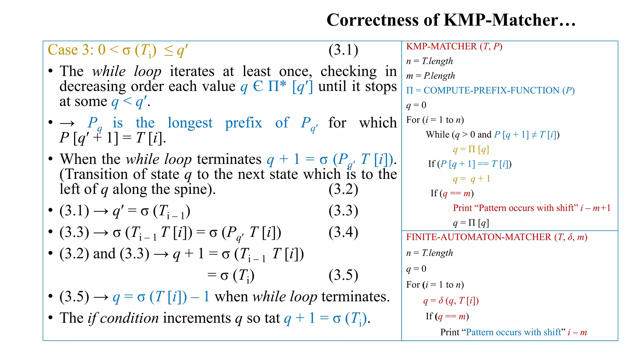 Correctness of KMP-Matcher…
KMP-MATCHER (T, P)
n = T.length
m = P.length
Π = COMPUTE-PREFIX-FUNCTION (P)
q = 0
For (i = 1 to n)
While (q > 0 and P [q + 1] ≠ T [i])
q = Π [q]
If (P [q + 1] == T [i])
q = q + 1
If (q == m)
Print “Pattern occurs with shift” i – m+1
q = Π [q]
Case 3: 0 < σ (Ti) ≤ qʹ (3.1)
• The while loop iterates at least once, checking in
decreasing order each value q Є Π* [qʹ] until it stops
at some q < qʹ.
• → Pq is the longest prefix of Pqʹ for which
P [qʹ + 1] = T [i].
• When the while loop terminates q + 1 = σ (Pqʹ T [i]).
(Transition of state q to the next state which is to the
left of q along the spine). (3.2)
• (3.1) → qʹ = σ (Ti – 1) (3.3)
• (3.3) → σ (Ti – 1 T [i]) = σ (Pqʹ T [i]) (3.4)
• (3.2) and (3.3) → q + 1 = σ (Ti – 1 T [i])
= σ (Ti) (3.5)
• (3.5) → q = σ (T [i]) – 1 when while loop terminates.
• The if condition increments q so tat q + 1 = σ (Ti).
FINITE-AUTOMATON-MATCHER (T, δ, m)
n = T.length
q = 0
For (i = 1 to n)
q = δ (q, T [i])
If (q == m)
Print “Pattern occurs with shift” i – m
 