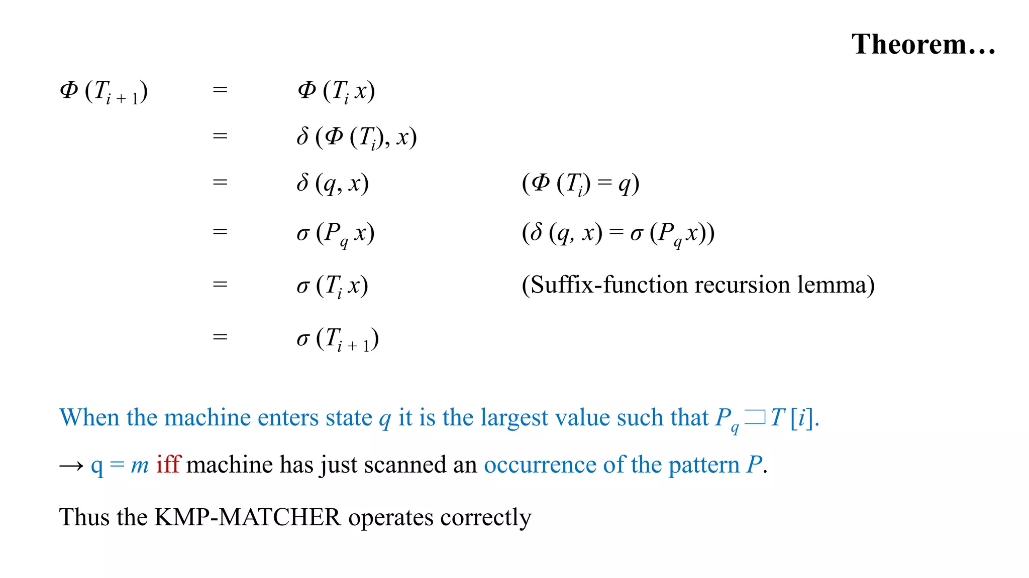 Theorem…
Φ (Ti + 1) = Φ (Ti x)
= δ (Φ (Ti), x)
= δ (q, x) (Φ (Ti) = q)
= σ (Pq x) (δ (q, x) = σ (Pq x))
= σ (Ti x) (Suffix-function recursion lemma)
= σ (Ti + 1)
When the machine enters state q it is the largest value such that Pq T [i].
→ q = m iff machine has just scanned an occurrence of the pattern P.
Thus the KMP-MATCHER operates correctly
 