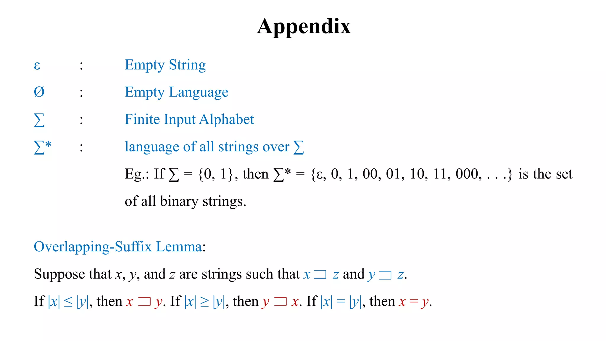Appendix
ε : Empty String
Ø : Empty Language
∑ : Finite Input Alphabet
∑* : language of all strings over ∑
Eg.: If ∑ = {0, 1}, then ∑* = {ε, 0, 1, 00, 01, 10, 11, 000, . . .} is the set
of all binary strings.
Overlapping-Suffix Lemma:
Suppose that x, y, and z are strings such that x z and y z.
If |x| ≤ |y|, then x y. If |x| ≥ |y|, then y x. If |x| = |y|, then x = y.
 